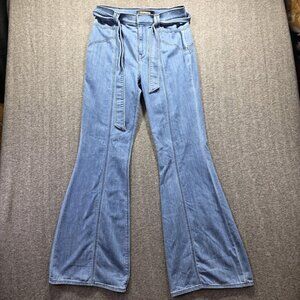Express Jeans Womens 8 Long Light Blue Bell Flare Super High Rise Belted Denim